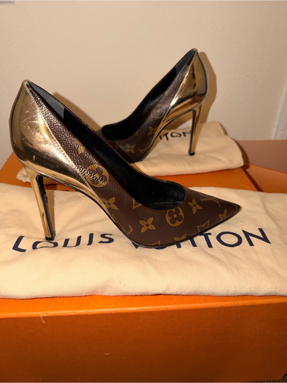Louis Vuitton Brown Monogram with Gold Metallic Heel Pointed Pumps